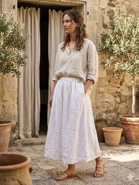 Manuelle Guibal France White Linen Gathered A-Line Midi Skirt